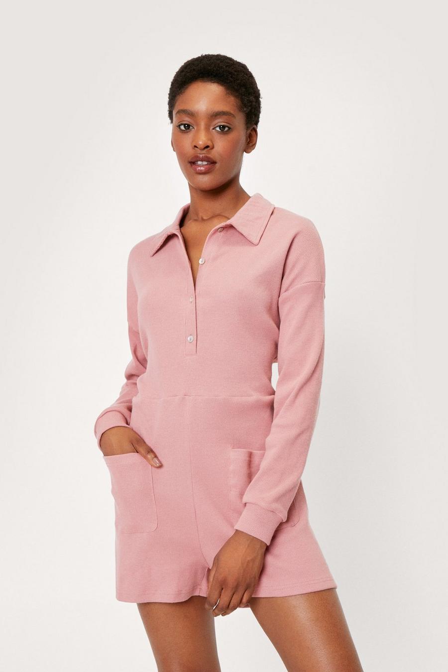 Ribbed Knit Long Sleeve Button Down Romper